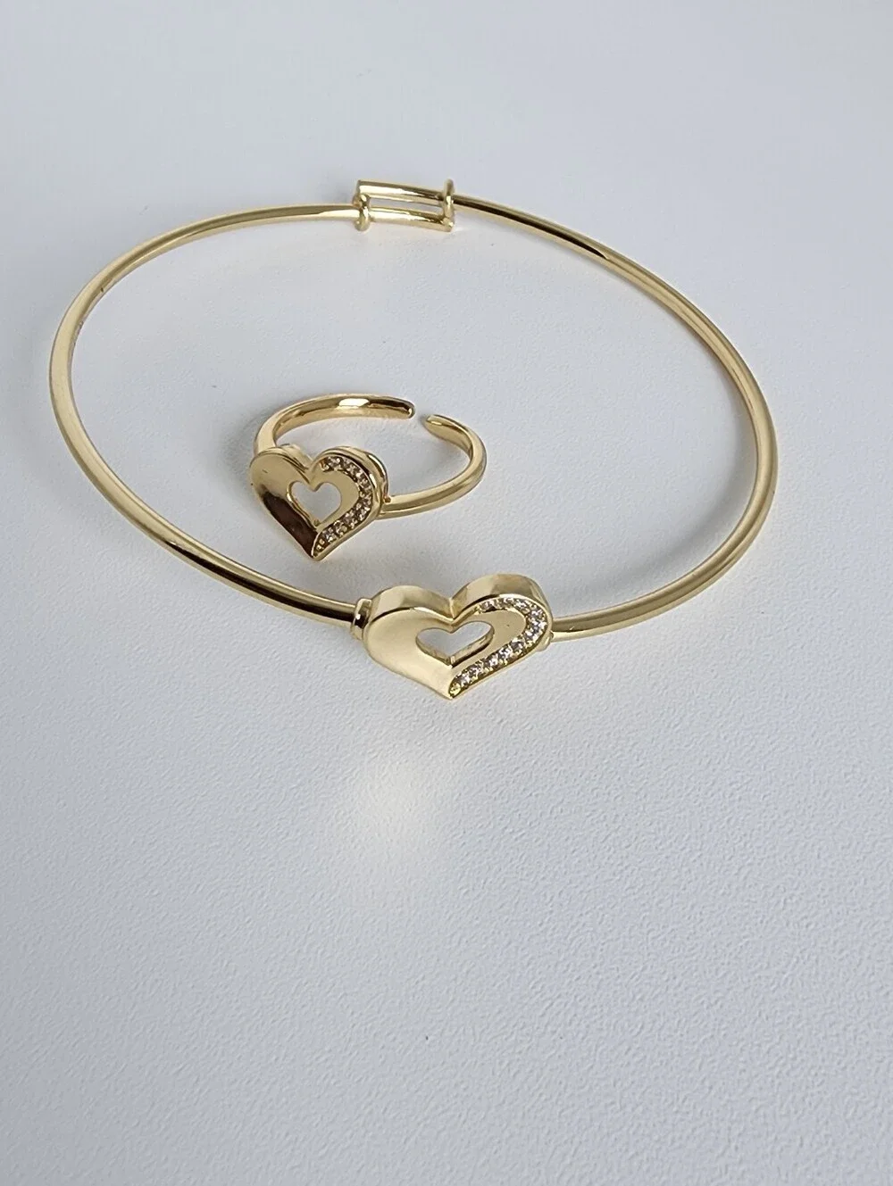 Gold Plated Heart Bangle & Adjustable Ring Set CZ Love Jewelry Girls